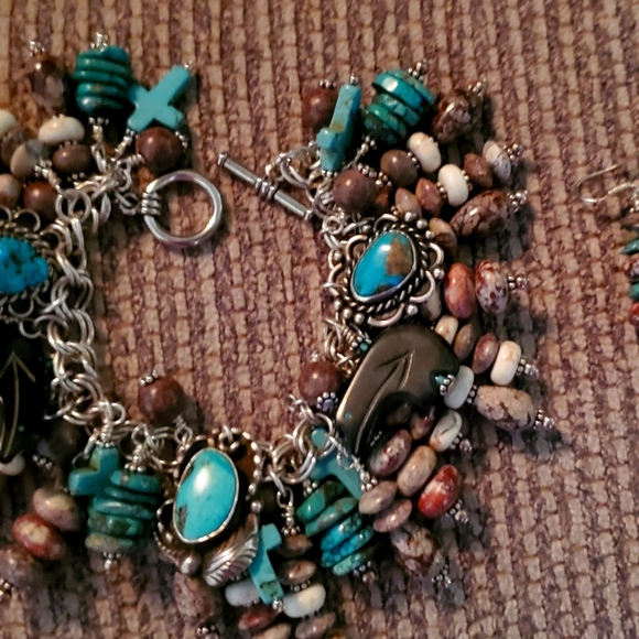 Vtg. Schaef Designs Turquoise & Sterling Silver Charm Bracelet & Earrings - Picture 2 of 8